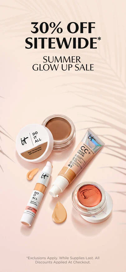 IT Cosmetics CC+ Cream full tube display with swatch shade range for 4-week sensitive skin wear test