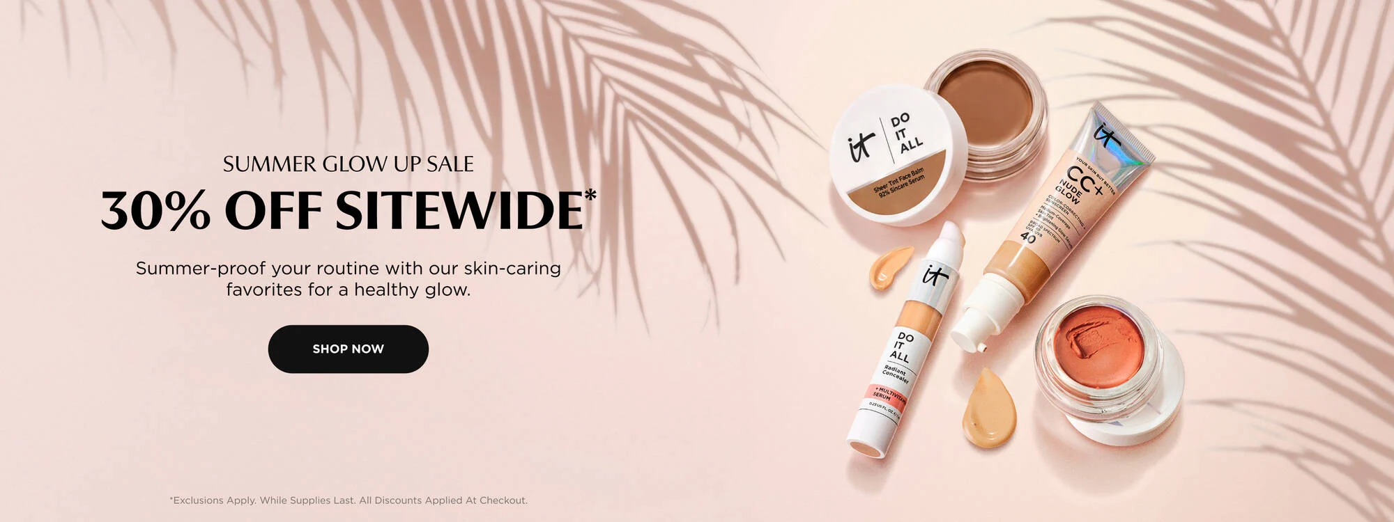 IT Cosmetics moisturizer collection, clean bright background skincare product flat lay